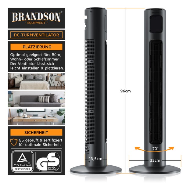 Brandson Turmventilator mit DC-Motor & Fernbedienung, Ventilator, 12 Geschwindigkeiten, ECO Modus, Standventilator mit Timerfunktion, 4 Betriebsmodi