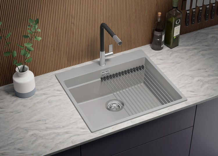 PRIMAGRAN Spülbecken Grau 58x53cm, Granitspüle 1 Becken + Ablauf-Set + Aufrollbare Abtropffläche, Küchenspüle ab 60er Unterschrank - Oslo Max