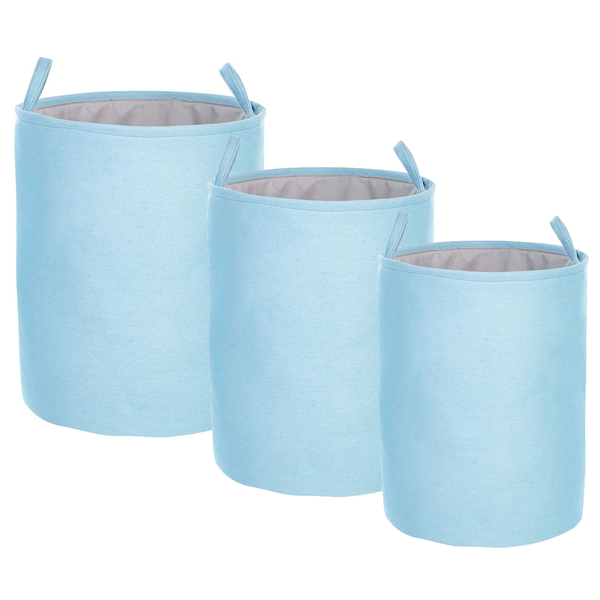 Dreiteiliges Set hellblaue Aufbewahrungskörbe aus Stoff in verschiedenen Größen mit Tragegriffen und Innenfutter.