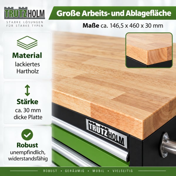 Werkbankplatte aus lackiertem Hartholz von Trutzholm mit 30 Millimeter Stärke und einer Arbeitsfläche von 146,5 mal 460 Millimeter.