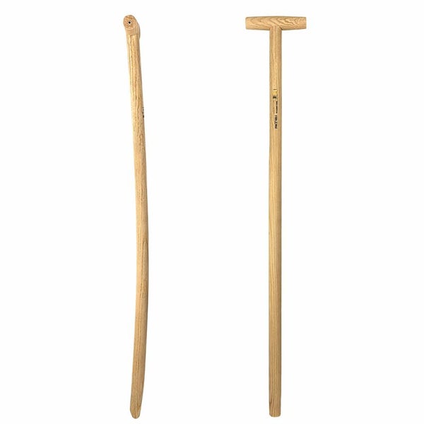 Zwei Holzstiele für Werkzeuge, einer mit T-Griff, einer ohne