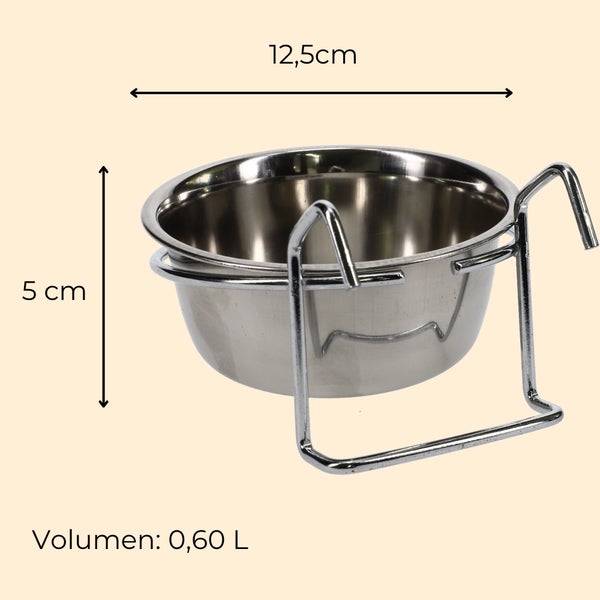 Edelstahlnapf mit Halterung, 12,5 cm Durchmesser, 5 cm Höhe, 0,60 Liter Volumen