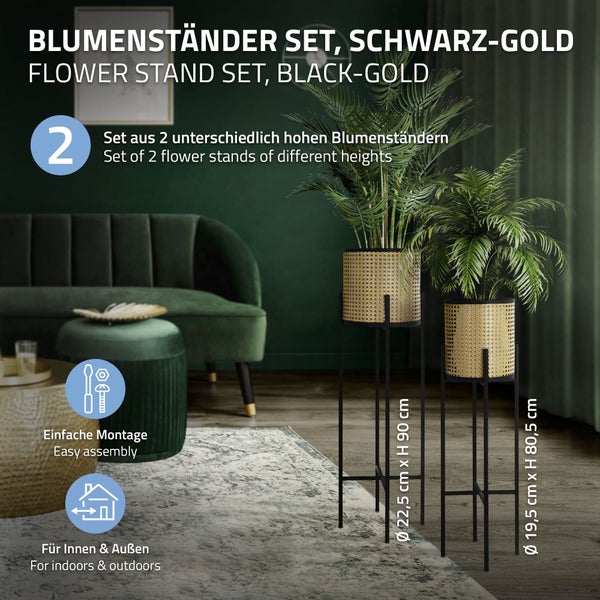 ML-Design Blumenständer 2er Set Schwarz-Gold 16,5x16,5x80,5 cm/19x19x90 cm, Stahl, Blumentopfständer mit Übertopf, Metall Pflanzenständer, Blumentopfhalter 2-tlg, Pflanztopf Blumensäule Blumenhocker