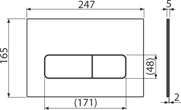 Maßzeichnung einer Betätigungsplatte für Toiletten mit einer Breite von 247 Millimetern und einer Höhe von 165 Millimetern.