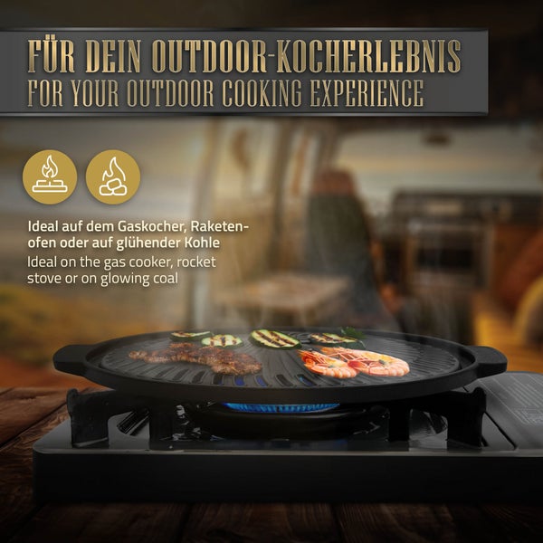 BBQ#BOSS Grillplatte aus Gusseisen, Ø 32 cm, Runde Gusspfanne, Gerippte Bratpfanne mit zwei Griffen, Plancha für BBQ, Gasgrill, Kohlegrill & Elektrogrill, Grillpfanne Gussplatte Gusseisenpfanne
