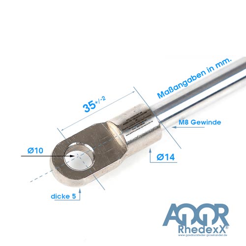 Augenbefestigung für Gasfeder: Auge 10 Millimeter, Dicke 5 Millimeter, M8-Gewinde, Schaft 14 Millimeter. AQQR RhedexX Logo.