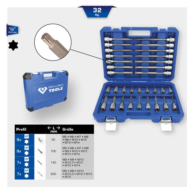 Brilliant Tools 32-piece bit set with internal multiple tooth profile in a blue case
