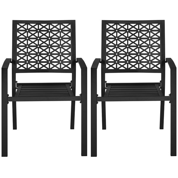 Zwei schwarze Gartenstühle mit Armlehnen und geometrischem Muster in der Rückenlehne