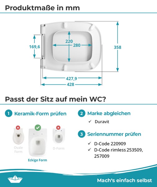 Technische Zeichnung mit Produktmaßen und Kompatibilitätshinweisen für einen Duravit WC Sitz.