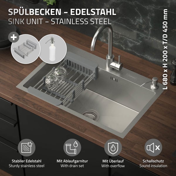 ML-Design Spülbecken Edelstahl 68x45 cm Küchenspüle rechteckig, 1 Becken Einbauspüle, Edelstahlspüle mit Ab- und Überlaufgarnitur, Abtropfkorb, Seifenspender, Waschbecken Küche Einzelbecken mit Siphon