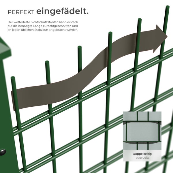Sichtschutzstreifen eingefädelt in einen Doppelstabmattenzaun.