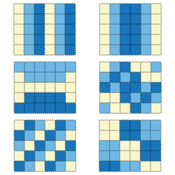 Schaumstoff-Bodenfliesen mit Puzzle-Verbindung in verschiedenen Legemustern und Blautönen.