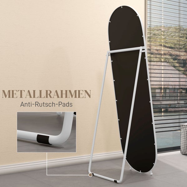 HOMCOM Ganzkörperspiegel, 160 x 40 cm Wandspiegel mit Ständer, Metallrahmen, Oval Standspiegel für Wohnzimmer, Schlafzimmer, Weiß