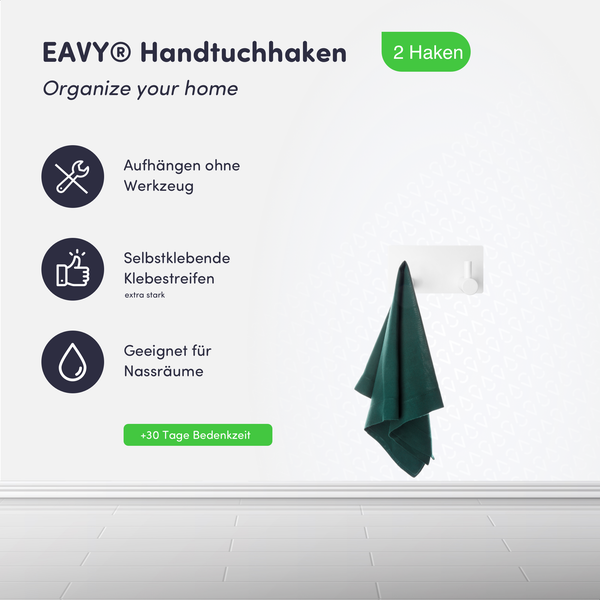 EAVY Handtuchhaken im 2er-Set, werkzeuglose Montage, selbstklebend, für Nassräume geeignet.