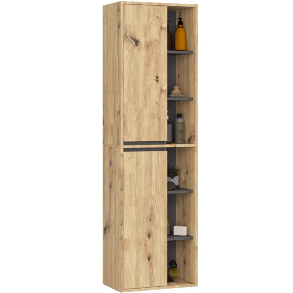 Hochschrank aus Holz mit Regalen und zwei Türen für das Badezimmer