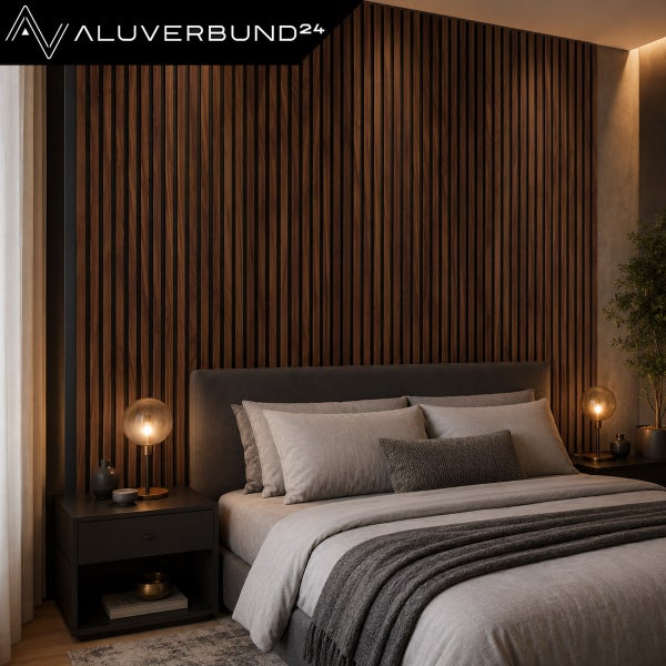 Modernes Schlafzimmer mit vertikalen Holzlatten an der Wand hinter einem gepolsterten Bett und dezenter Beleuchtung.
