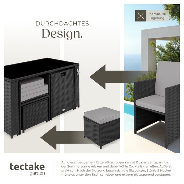 Rattan Sitzgruppe tectake Palermo inklusive Flaschenöffner, zusammenschiebbar für 2 bis 4 Personen schwarz/grau