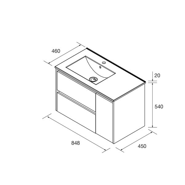 Moderner weißer Waschtischunterschrank mit einer geöffneten Tür und Ablagefächern für Badaccessoires.