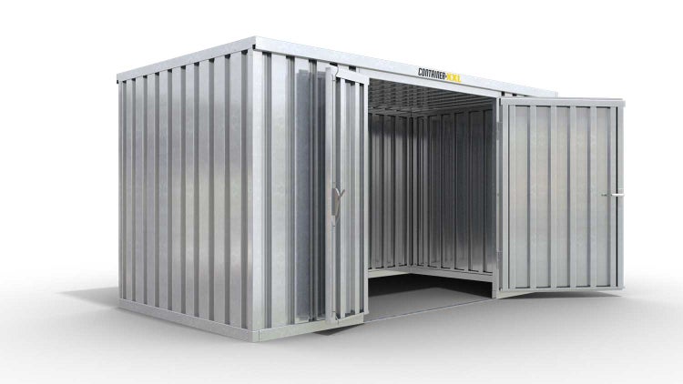 Lagercontainer Gerätehaus XXL  – 12 qm, H2115 x B6080 x T2170 mm, verzinkt, ohne Fußboden, 1830 mm Doppelflügeltür mittig in Breitseite, zerlegt