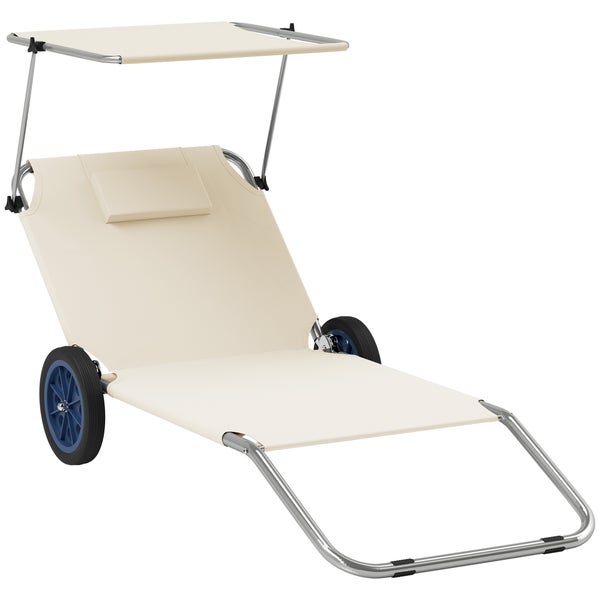 Outsunny 2er Set Sonnenliege klappbar Gartenliege mit Kopfkissen Dach, Rolle Liegestuhl mit verstellbare Rückenlehne, wetterfeste Campingliege, Gartenstuhl bis 120 kg belastbar, für Garten Pool, Beige