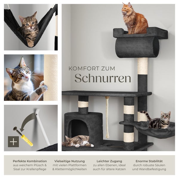 Katzenkratzbaum mit mehreren Ebenen und Katzen in verschiedenen Positionen