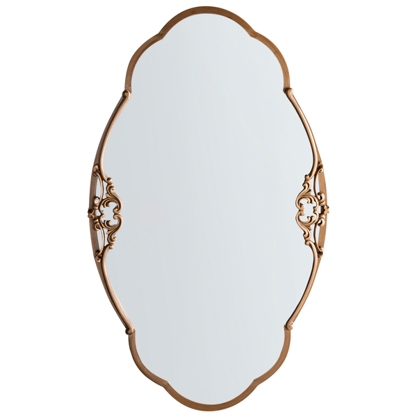 Ovaler Wandspiegel mit verziertem goldfarbenem Rahmen im Vintage-Stil und Ornamenten an den Seiten.