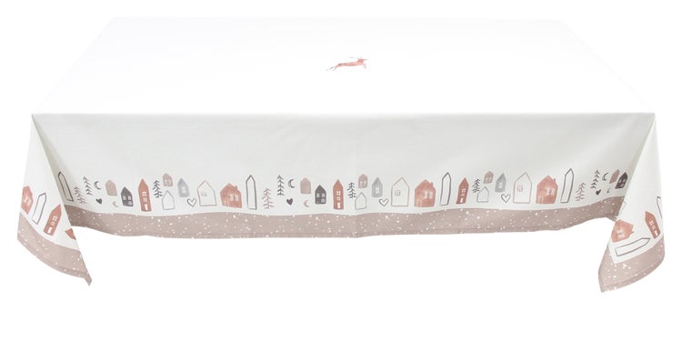 Tischdecke mit Häusermuster und Hirschmotiv
