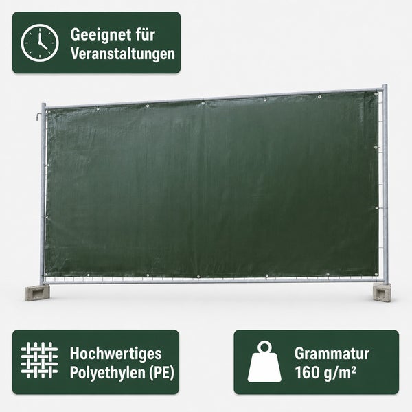 Sichtschutzplane für Bauzaun aus Polyethylen mit 160 Gramm pro Quadratmeter Grammatur für Veranstaltungen.