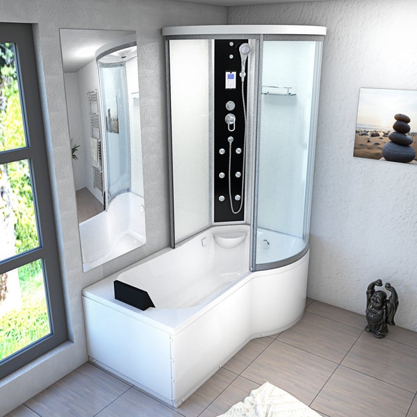 Moderne Badewannen-Dusch-Kombination in einem hellen Badezimmer mit weißer Acrylwanne, integrierter Glas-Duschkabine, Massagedüsen und Handbrause.
