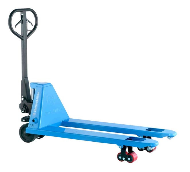 Hubwagen HanseLifter aus Stahl, Tragkraft 2,5 Tonnen, blau, für den Transport von Paletten.
