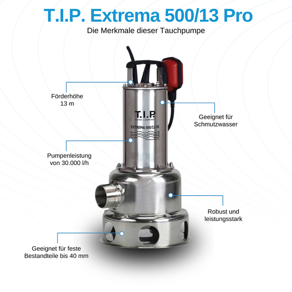 Schmutzwasser-Tauchpumpe TIP Extrema 500/13 Pro, Förderleistung 30000 Liter pro Stunde, Förderhöhe 13 Meter, Korngröße bis 40 Millimeter.