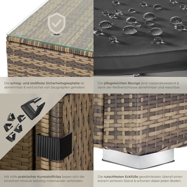 Detailansicht einer Rattan-Gartenlounge mit Sicherheitsglasplatte, wasserabweisenden Bezügen, Kunststoffclips und rutschfesten Eckfüßen.