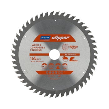 Norton Clipper Kreissägeblatt für Holz und Verbundwerkstoffe mit 165 Millimeter Durchmesser und maximal 9500 Umdrehungen pro Minute