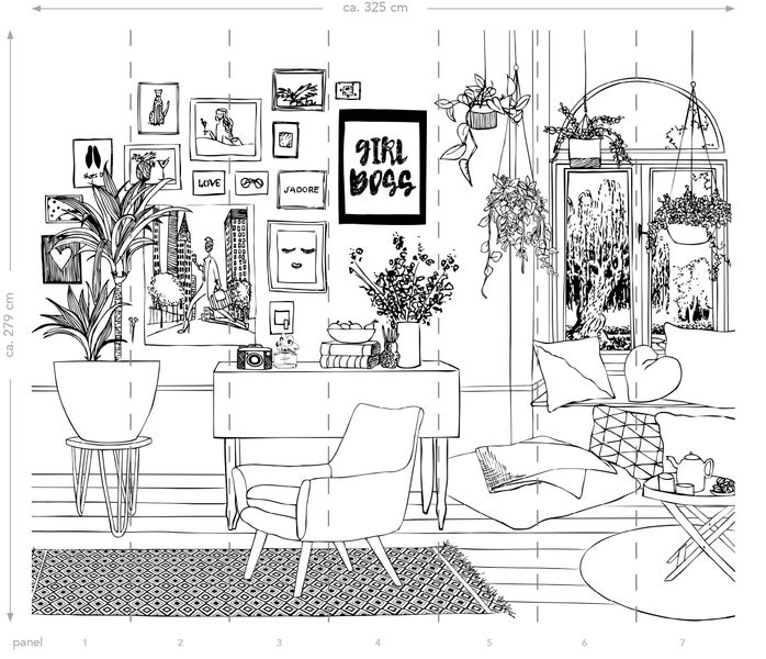 Illustration eines Wohnzimmers mit Möbeln und dekorativen Elementen