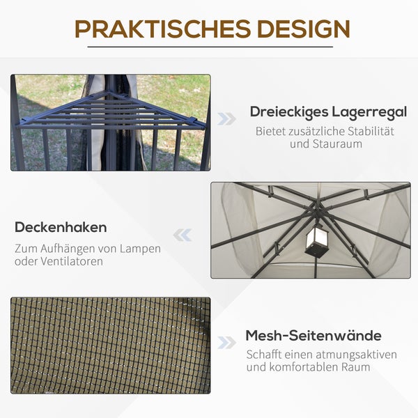 Detailansicht eines Pavillons mit dreieckigem Lagerregal, Deckenhaken und Mesh-Seitenwänden