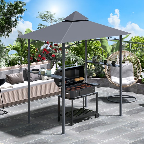 Outsunny Grillpavillon Gartenzelt Grill Pavillon Balkonpavillon mit Ablagen Flammhemmendes Doppeldach Grau 245 x 148 x 252 cm