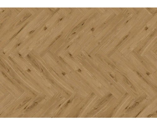 Fischgrät-Laminatboden in Eichenoptik mit sichtbarer Holzmaserung und Ästen.