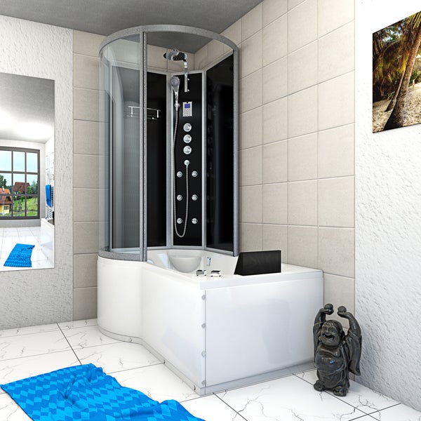 Moderne weiße Whirlpool-Badewanne mit gebogener Duschkabine aus Glas und schwarzem Paneel mit Massagedüsen in einem hellen Badezimmer.
