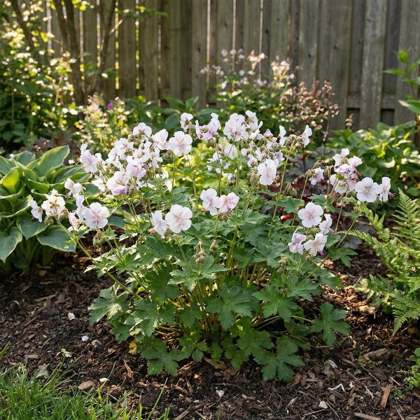 Blühender Storchschnabel mit weiß-rosa Blüten in einem Gartenbeet vor einem Holzzaun.