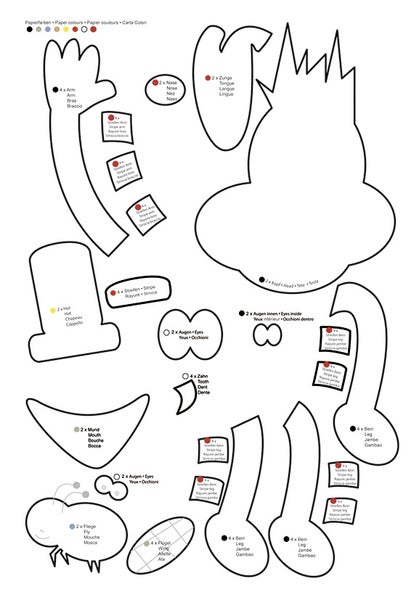 Bastelbogen mit Umrissen für Arme, Beine, Augen, Nase, Mund und Zunge zum Ausschneiden und Zusammenfügen