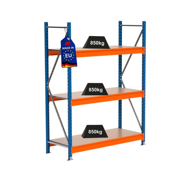 Lagerregal mit drei Ebenen und einer Traglast von 850 Kilogramm pro Ebene. Hergestellt in der Europäischen Union.