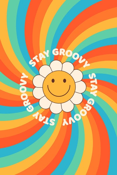 Retro-Design mit einer Blume mit Gesicht und dem Text Bleib Cool