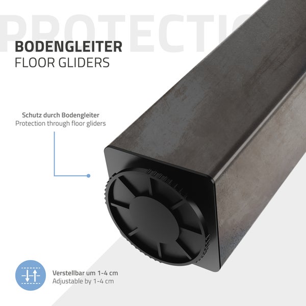 Verstellbarer Bodengleiter an einem Möbelbein aus Metall, Bodenschutz, höhenverstellbar von 1 bis 4 Zentimeter.
