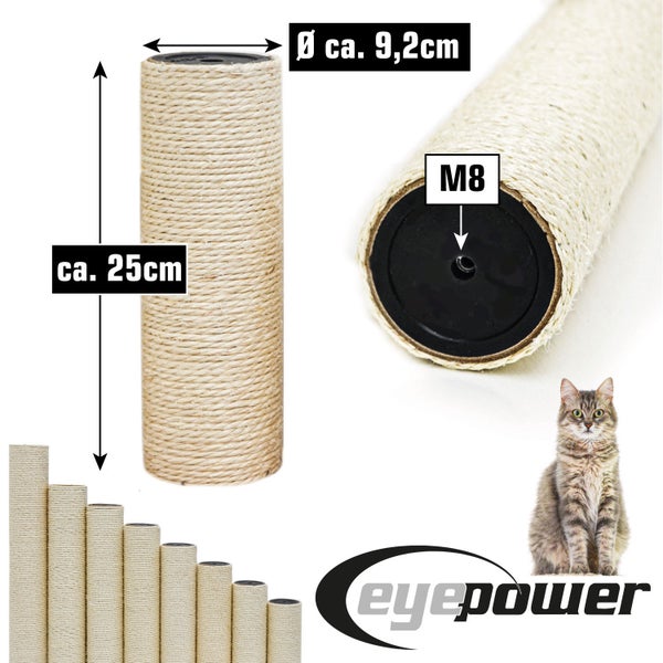Sisal-Ersatzstamm für Kratzbäume, Durchmesser circa 9,2 Zentimeter, Höhe circa 25 Zentimeter, M8-Gewinde, eyepower Logo.