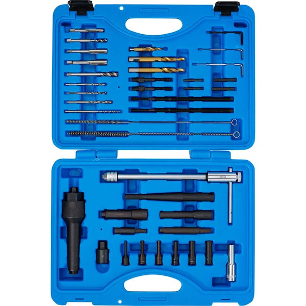 Werkzeugsatz zur Glühkerzenreparatur in blauem Werkzeugkoffer