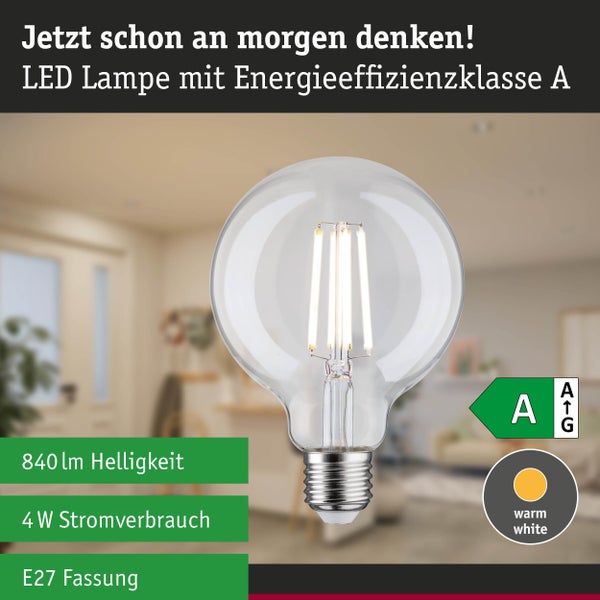 LED-Filament-Globelampe mit E27-Fassung, Energieeffizienzklasse A, 840 Lumen Helligkeit, 4 Watt Stromverbrauch, warmweißes Licht.