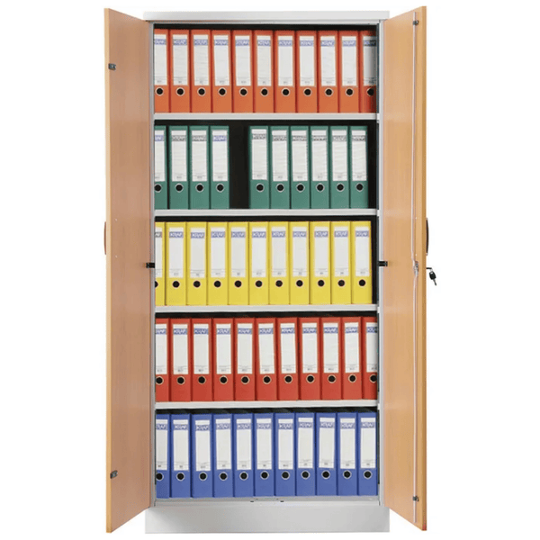 PROREGAL Aktenschrank Beetle 4 Fachböden HxBxT 195 x 92 x 42 cm Silber & Buche