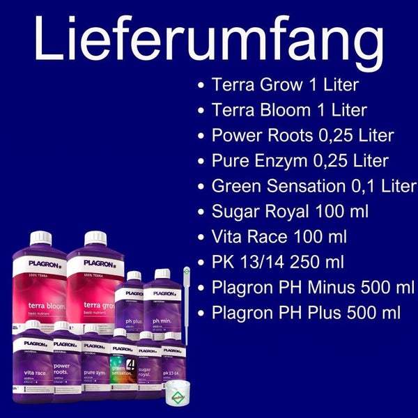 Plagron Komplettset mit Terra Grow, Terra Bloom, Power Roots, Pure Enzym, Green Sensation, Sugar Royal, Vita Race, PK 13/14, Plagron PH Minus und Plagron PH Plus
