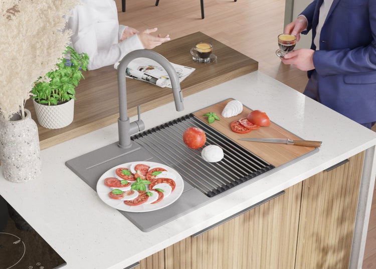 PRIMAGRAN Spülbecken Grau 78x50cm, Granitspüle 1 Becken + Ablauf-Set + Schneidebrett, Küchenspüle ab 60er Unterschrank - Kopenhagen