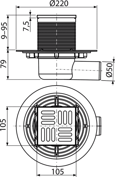Technische Zeichnung eines Bodenablaufs mit Maßangaben in Millimeter. Durchmesser oben circa 220 Millimeter, seitlicher Abfluss circa 50 Millimeter.